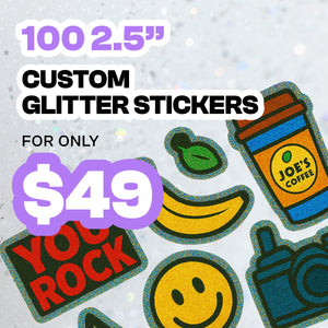 100 Custom Glitter Stickers $49 decal vinyl promo offer shine holographic leaf banana camera coffee cup smily face image