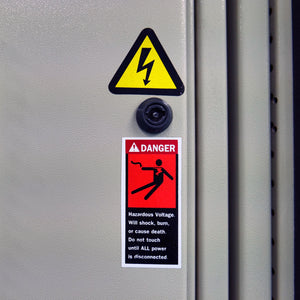 Custom Vinyl Safety Stickers Decals workplace construction facility electric danger triangle arrow yellow black red exclamation! Safety Decals and Stickers image